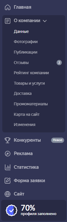 Шкала заполненности профиля в Яндекс Бизнесе