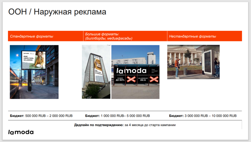 Примеры и стоимость наружной рекламы. Источник фото: sellercenter.lamoda.ru/faq