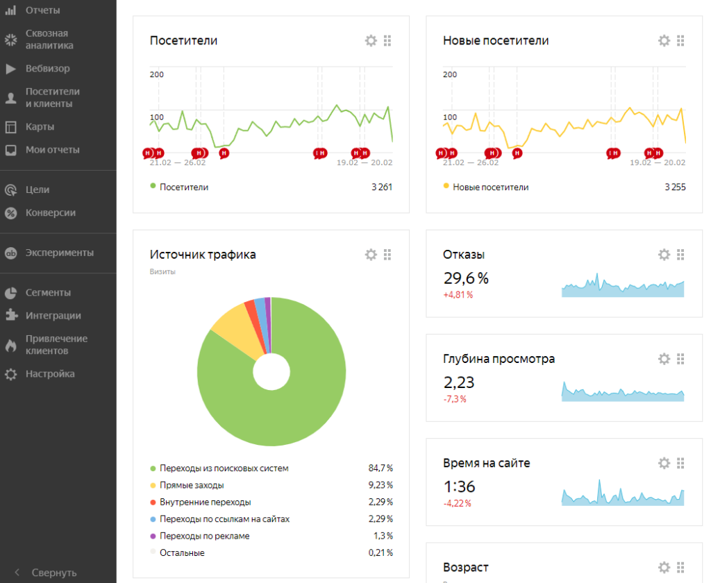 Фрагмент дашборда со статистикой сайта в Яндекс Метрике