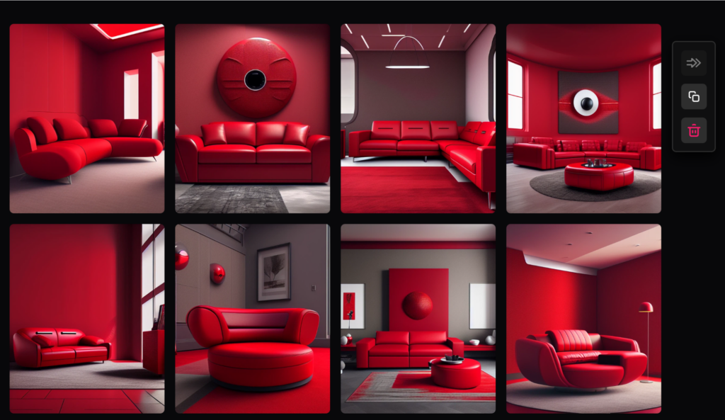Изображения в Al art generator по запросу: фотореализм, красный диван в центре комнаты в футуристическом дизайне