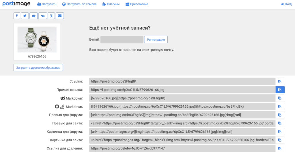 Подходящая ссылка в PostImage находится во второй строке «Прямая ссылка»