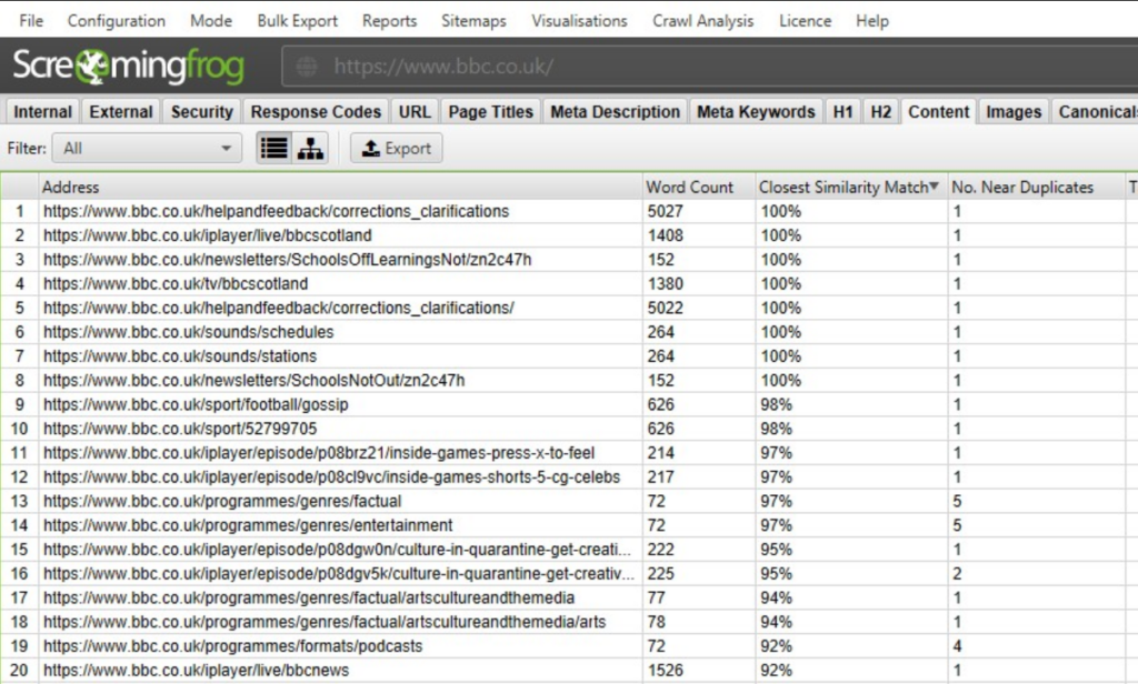 Проверка ресурса в Screaming Frog SEO Spider