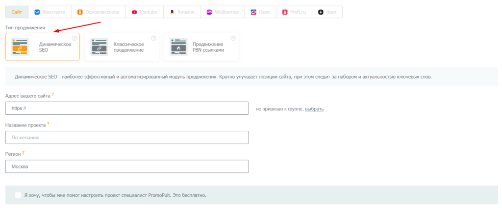 Выбор «Динамического SEO» на первом шаге настройки проекта